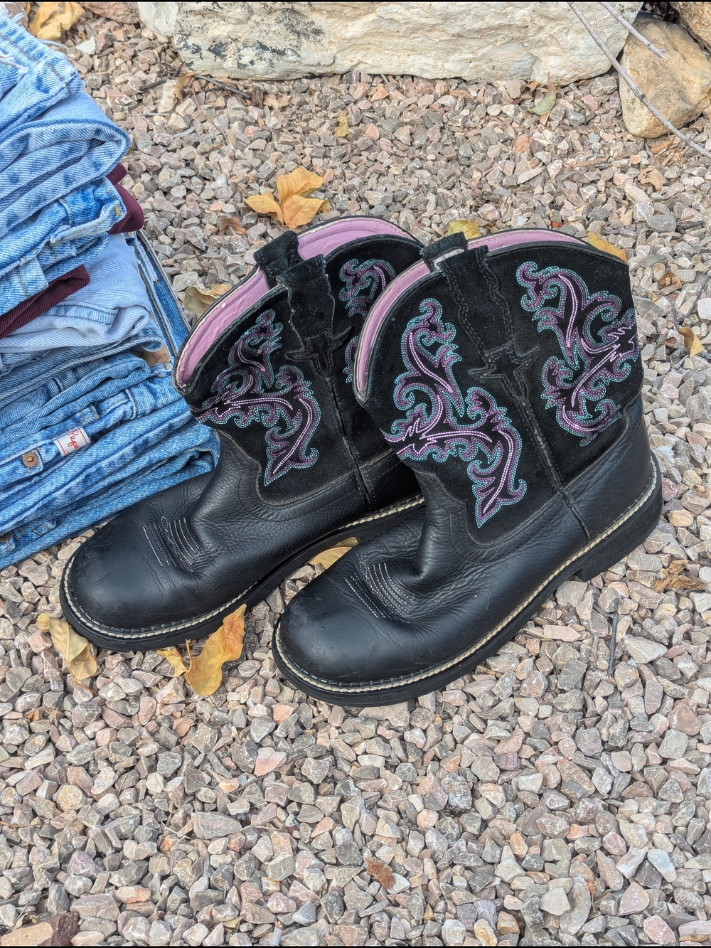 Ariat Fatbaby II Women’s 10B Black Leather Western Boots Orchid Teal 10004729